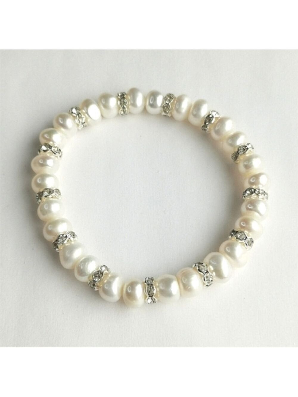 White Freshwater Pearl Sterling Silver CZ Rondelle Bracelet Stretch